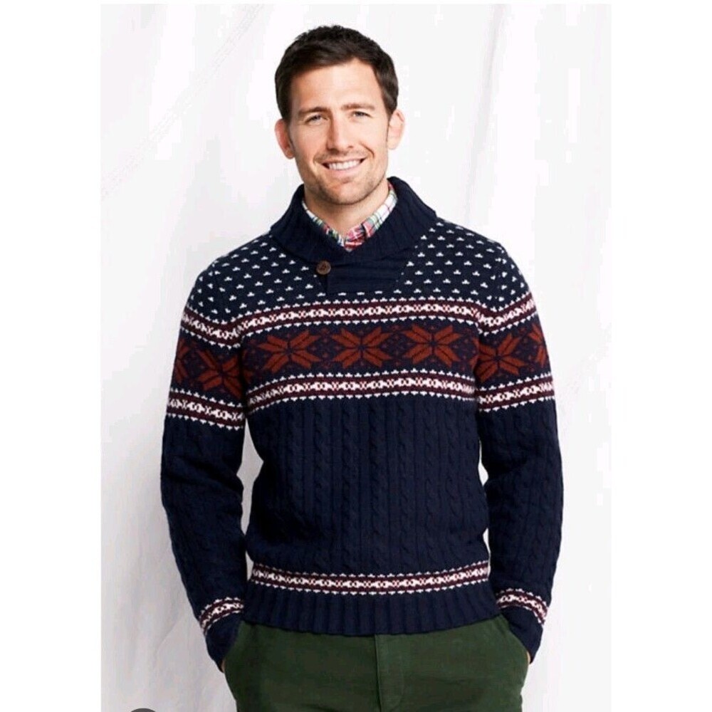 Lands End Men's Lambswool Cable Knit Fair Isle Sweater Navy Shawl Collar Sz XL